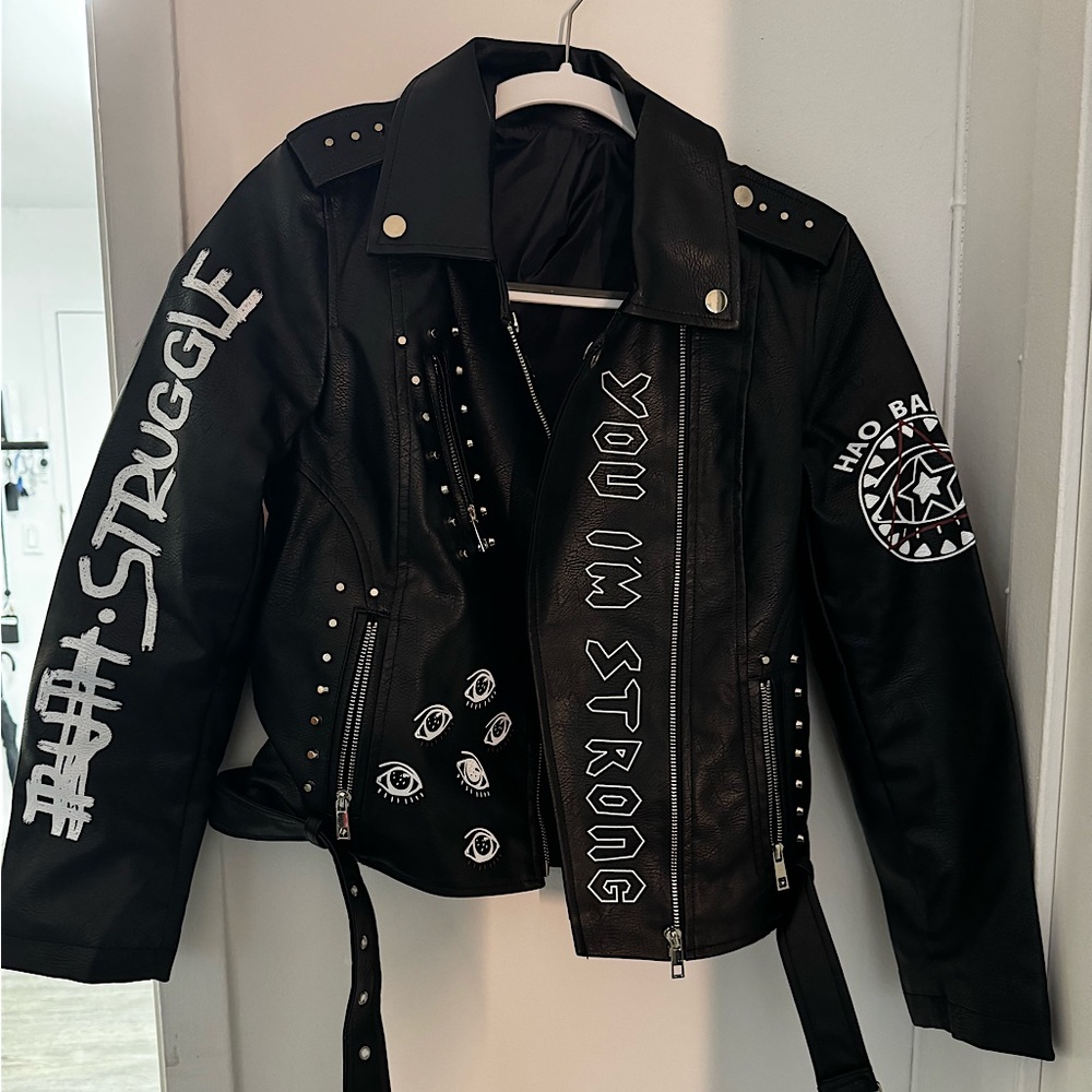 Faux Leather Jacket with Graphics